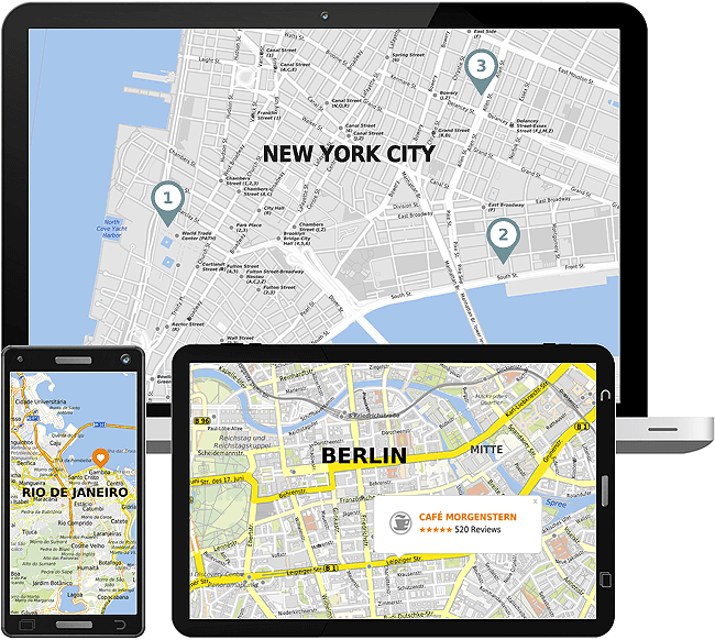 The mapz API allows the integration of maps into websites and mobile apps.